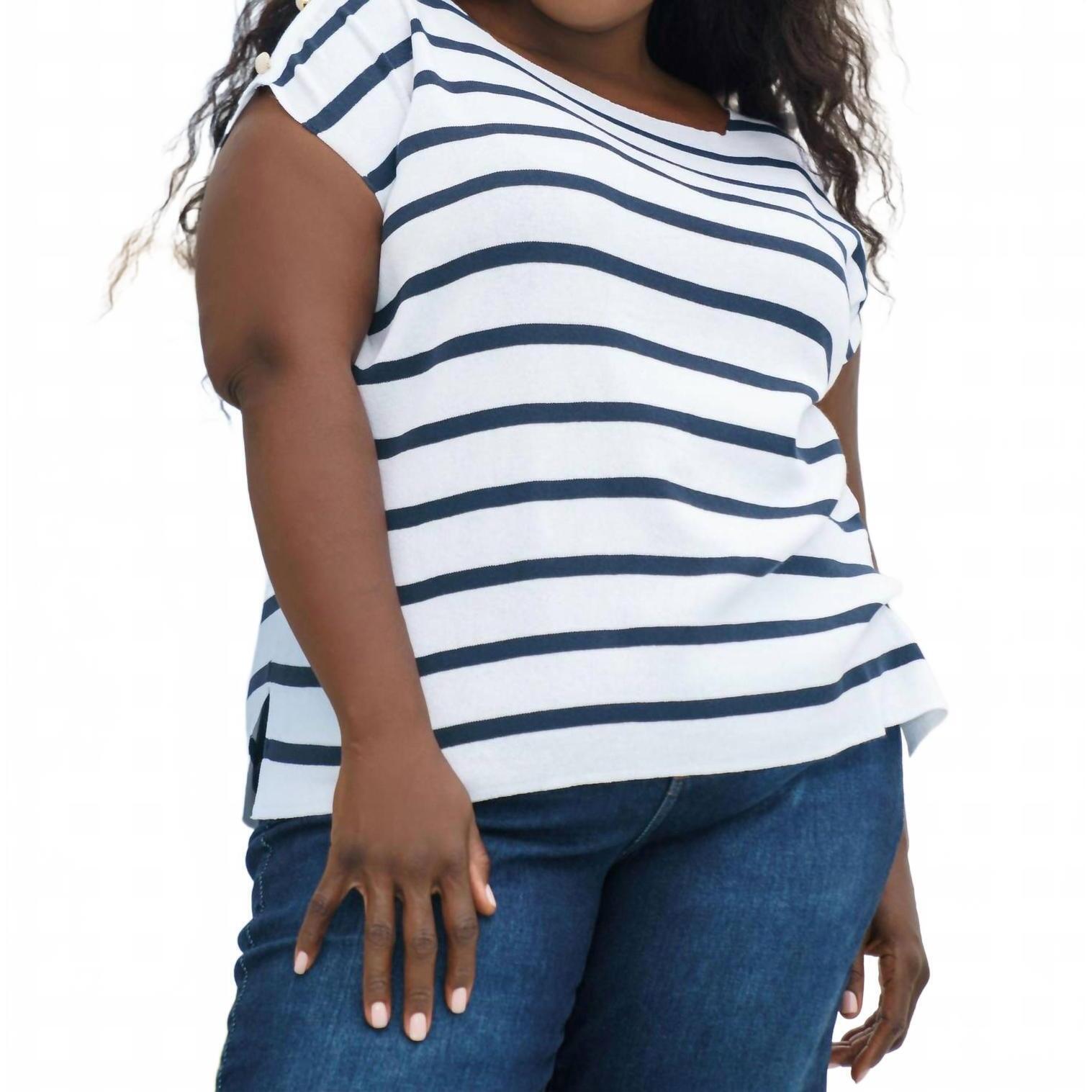New Mat Fashion Short Sleeve Striped Button Shoulder Top - Plus Size In Dark Blu
